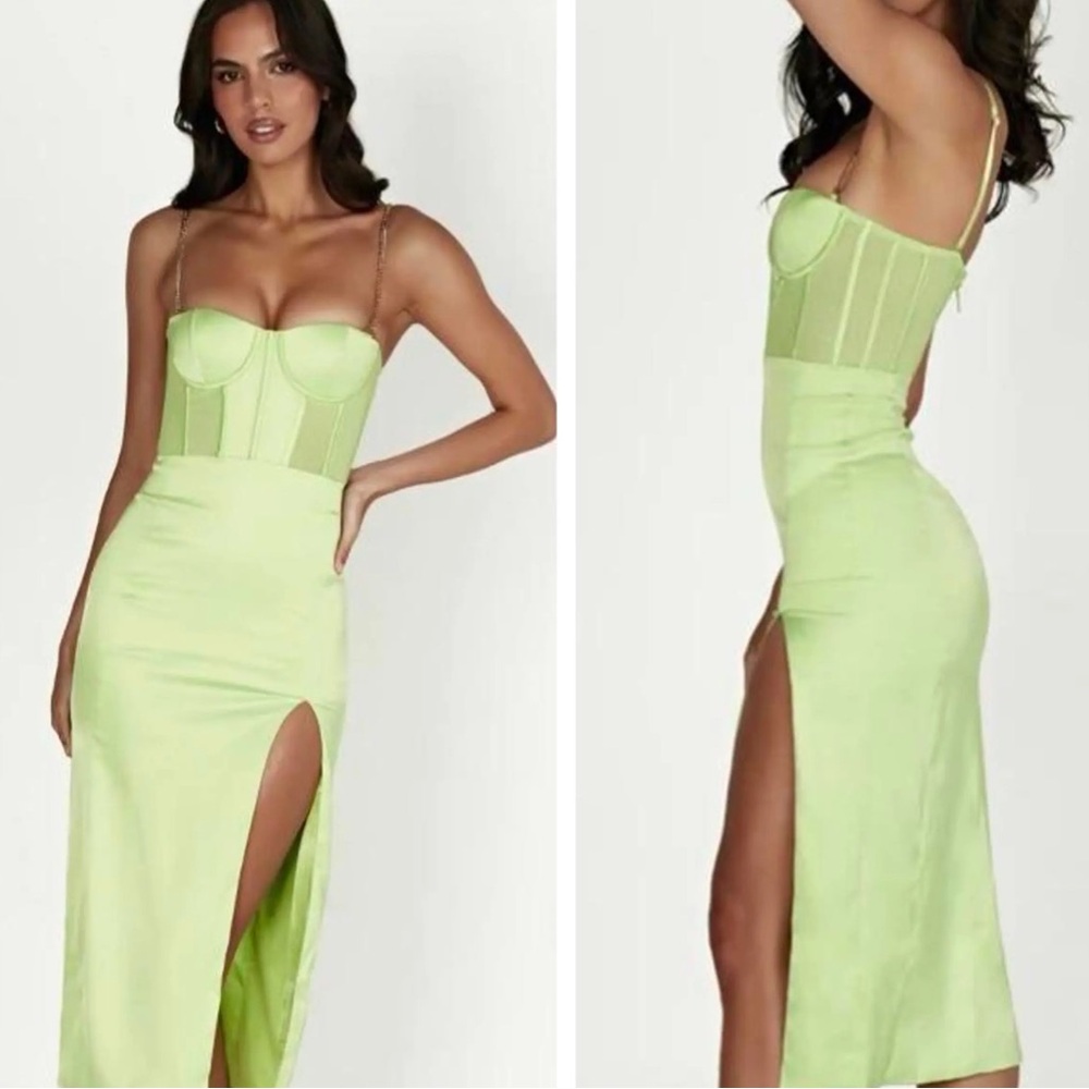 Meshki Lime Green Strapless Bustier Midi Dress with Side Slit